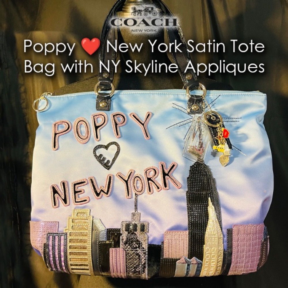 Coach Poppy New York Satin Tote Bag, Wristlet w/ Metallic Accents & Key Fob RARE - Picture 4 of 13